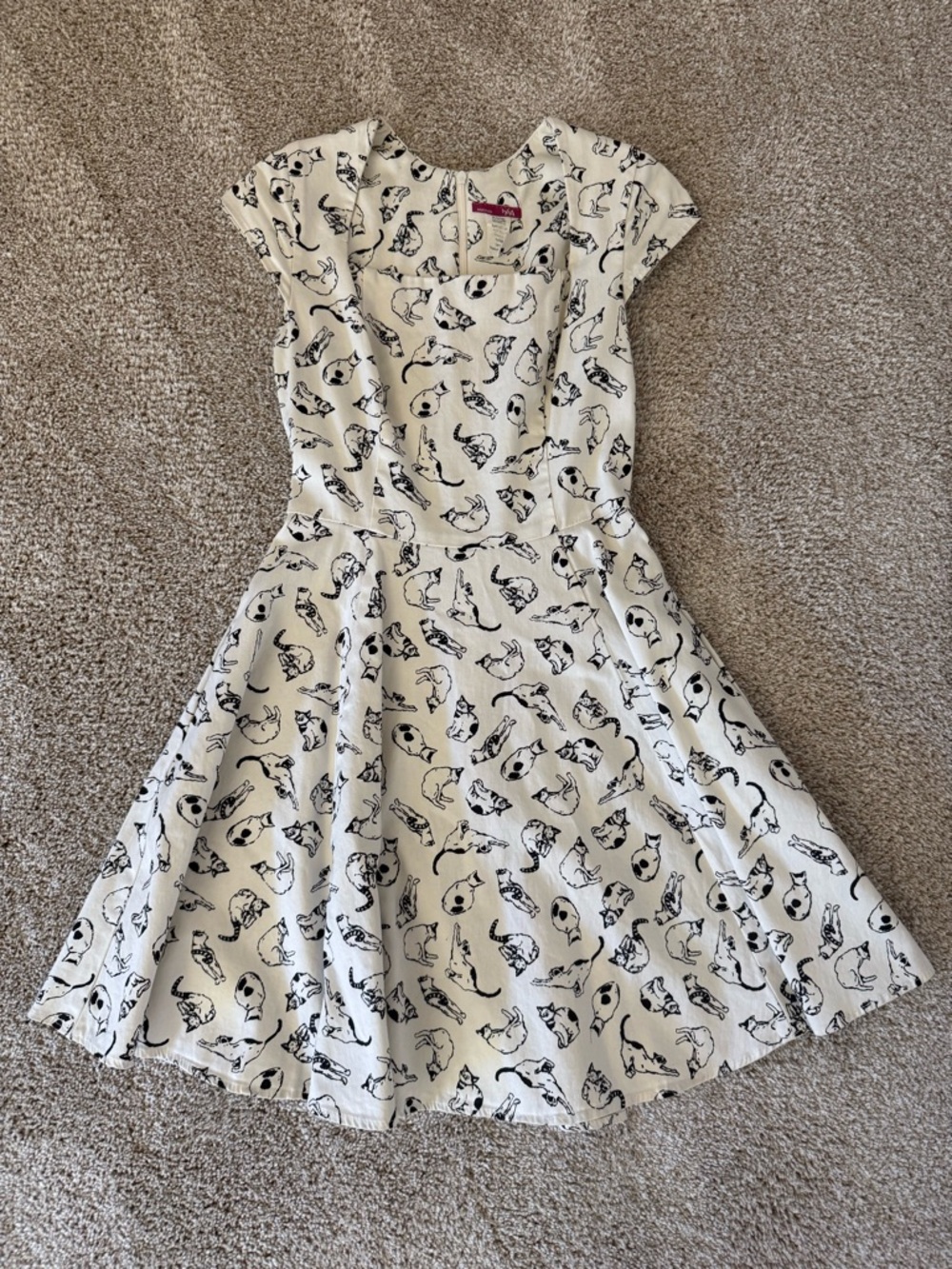Vintage boutique Cream and Black Cat Print Fit & Flare Dress